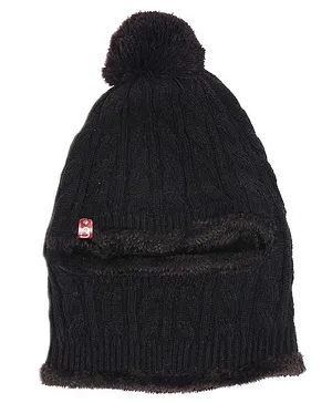 BHARATASYA Pom Pom Detailed  Woolen Knitted Fur Cap With Neck Warmer - Black