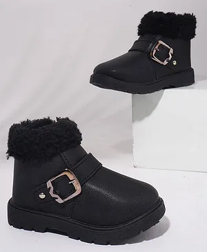 KATS Buckle Detailed Velcro Closure Fur Embellished Boots - Black
