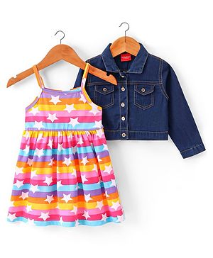Babyhug 100% Cotton Knit Frock With Full Sleeves Denim Jacket Star Print- Multicolour