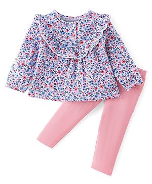 Babyhug Cotton Knit Full Sleeves Floral Print Top & Leggings Set with Frill Detailing - Multicolour