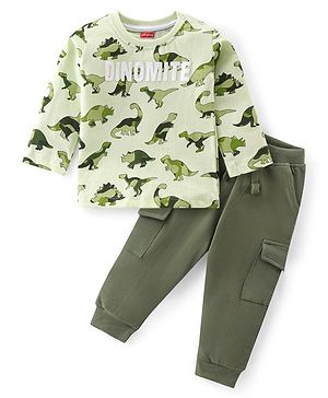 Babyhug 100% Cotton Terry Knit Full Sleeves T-Shirt & Lounge Pant With Dino Print - Green