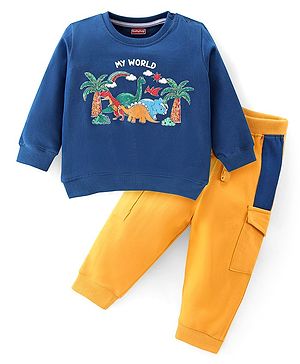 Babyhug Cotton Knit Full Sleeves T-Shirt & Lounge Pant Set Dino Print - Blue & Yellow