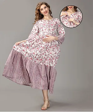 The Mom Store Three Fourth Sleeves Seamless Floral Printed Maternity Kurta Dress With Concealed Nursing Access - Pink
