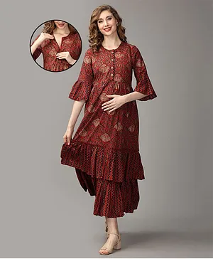 The Mom Store Three Fourth Bell Sleeves Seamless Floral Printed Tiered Maternity Kurta Dress With Concealed Nursing Access - Maroon