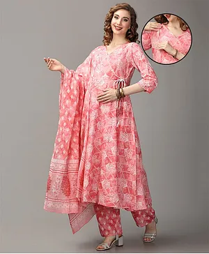 The Mom Store Three Fourth Sleeves Ethnic Blocks & Floral Printed Anarkali Maternity Kurta Set With Concealed Zipper Nursing Access - Peach
