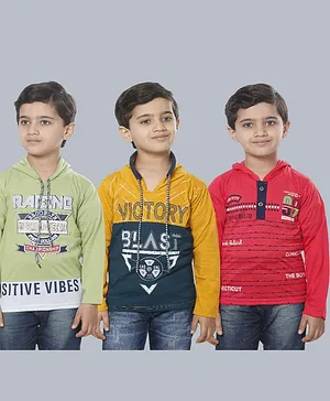 Fourfolds Pack Of 3 Full Sleeves Typography Printed Hooded Tees - Green Yellow Red