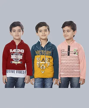 Fourfolds Pack Of 3 Full Sleeves Typography Printed Hooded Tees - Maroon Blue