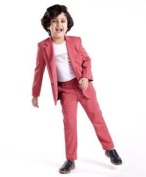 Babyhug Woven Full Sleeves Stretch Party Suit & T-Shirt with Text Print - White & Salmon Pink