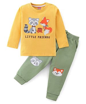 Babyhug 100% Cotton Knit Full Sleeves T-Shirt & Lounge Pant Animals Print - Yellow & Green