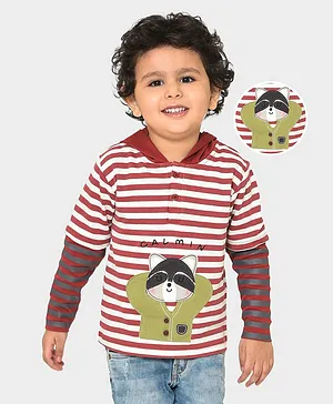 Mi Arcus 100% Cotton Full Sleeves Striped Designed Animal Embroidered Hooded Tee -  Red