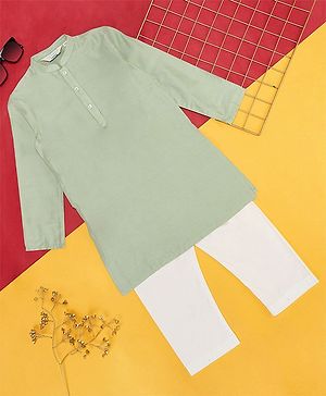 Indus Route by Pantaloons Full Sleeves Solid Kurta Pyjama Sets - Green