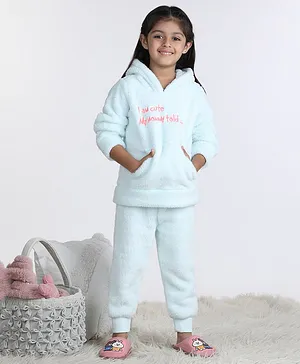 Wingsfield Full Sleeves Im Cute Text Embroidered Hooded Co Ord Set - Sky Blue