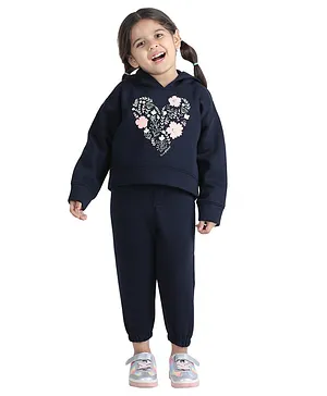Wingsfield Full Sleeves Floral Heart Hooded Co Ord Set - Navy Blue