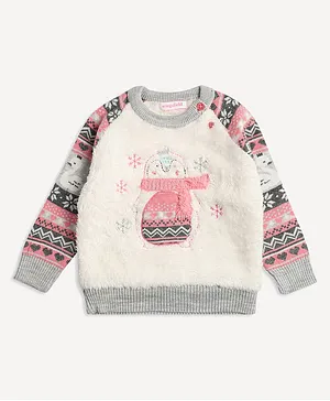 Wingsfield Raglan Full Sleeves Penguin & Snowflakes Embroidered Pullover - Pink & Grey