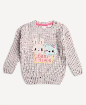 Wingsfield Full Sleeves Bunny & Kitten Embroidered Pullover - Pink