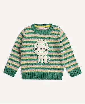 Wingsfield Full Sleeves Lion Cub Embroidered & Striped Pullover - Green