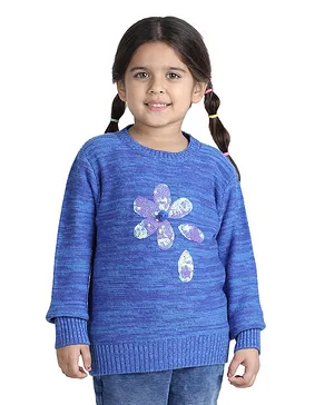 Wingsfield Full Sleeves Flower Sequin Embellished   Pullover  - Blue