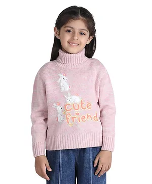 Wingsfield Full Sleeves Cute Friend Rabbit Embroidered Fur Lined Pullover - Pink