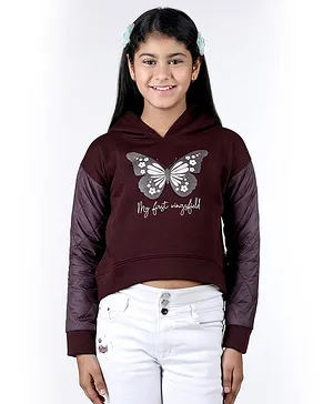 Wingsfield Full Sleeves Placement Butterfly Printed Hooded Sweatshirt - Wine Red