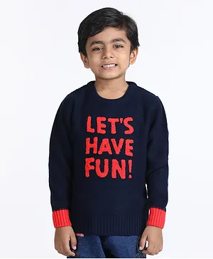 Wingsfield Full Sleeves Lets Have Fun Text Terry Embroidered Pullover - Navy Blue