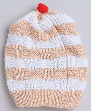 Little Angels Striped Pattern With Pom Pom Detailed Woollen Cap - Cream