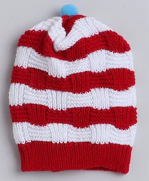 Little Angels Striped Pattern With Pom Pom Detailed Woollen Cap - Red