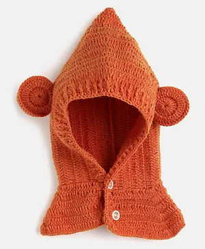 MayRa Knits Ear Applique Detailed Hand Knitted Cap With Button Closer  - Orange