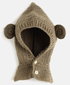 MayRa Knits Ear Applique Detailed Hand Knitted Cap With Button Closer - Brown