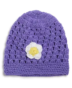 MayRa Knits Floral Detailed Hand Knitted Cap - Purple