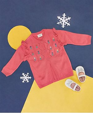 Pantaloons Baby Full Sleeves Frill & Floral Detailed Front Open Sweaters - Pink