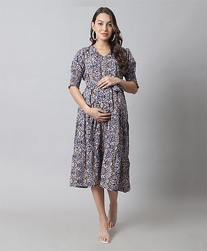 Moms Maternity Half Sleeves Seamless Floral Swirl Printed Maternity Dress With Concealed Zipper Nursing Access - Navy Blue