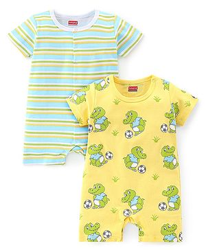 Babyhug 100% Cotton Knit Half Sleeves Rompers with Crocodile Print Pack of 2 - Yellow & Green