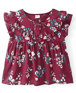 Babyhug Cotton Rayon Woven Frill Sleeves Frock Style Top with Floral Print - Maroon