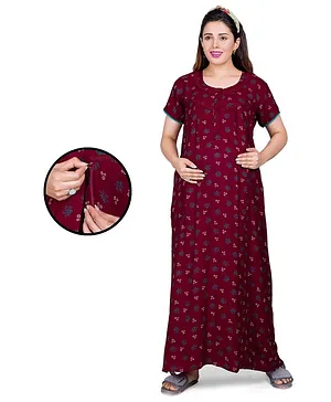 Mamma's Maternity Half Sleeves Leaves  Printed Maternity Night Dress With Concealed Zipper Nursing Access - Red
