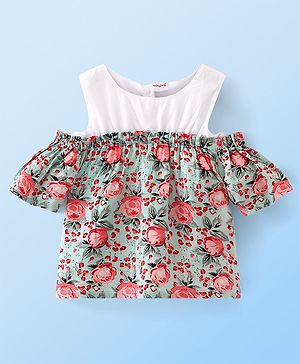 Babyhug Rayon Woven Half Sleeves Cold Shoulder Woven Top with All Over Floral Print - Light Blue