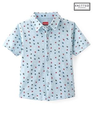 Babyhug 100% Cotton Knit Half Sleeves Regular Collar Shirt Airplane Print - Blue