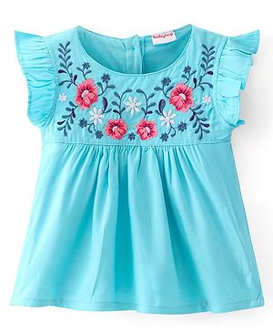 Babyhug Rayon Woven Frill Sleeves Top Floral Embroidery- Blue