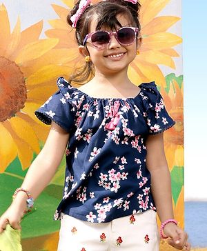 Babyhug Rayon Woven Half Sleeves Boat Neck Top with Tassel Detailing & Floral Print - Navy Blue