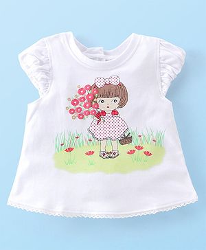 Babyhug Rayon Half Sleeves Top with Little Girl Graphics & Frill Detailing - White