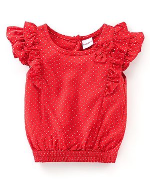 Babyhug Cotton Rayon Woven Frill Sleeves Polka Dots Print Top with Bow - Red