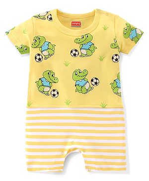 Babyhug 100% Cotton Half Sleeves Romper With Dino Print - Yellow