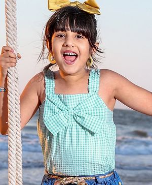 Babyhug Seer Sucker Sleeveless Woven Top with Smocking & Bow Detailing Checkered - Green & White