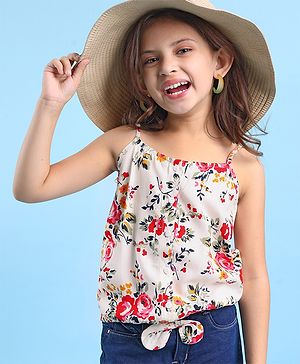 Babyhug 100% Rayon Woven Sleeveless Top with Floral Print & Bow Detailing - White