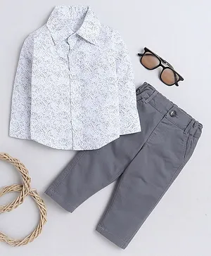 MANET Full Sleeves Abstract Design Printed Shirt & Pant Set - White & Grey