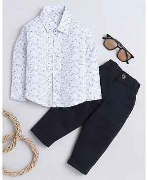 MANET Full Sleeves Seamless Abstract Floral Printed Shirt & Pant Set - White & Black