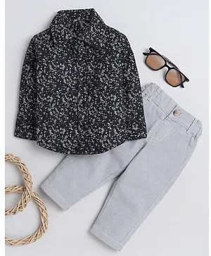 MANET Full Sleeves Seamless Abstract Design Printed Shirt & Pant Set - Black & Grey