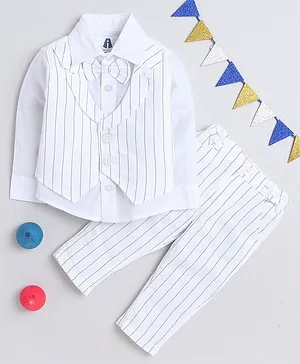 MANET Full Sleeves Pencil Striped Coordinating Shirt With Attached Waistcoat & Pant - White