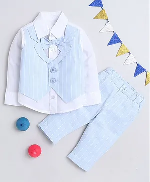MANET Full Sleeves Pencil Striped Coordinating Shirt With Attached Waistcoat & Pant - Blue