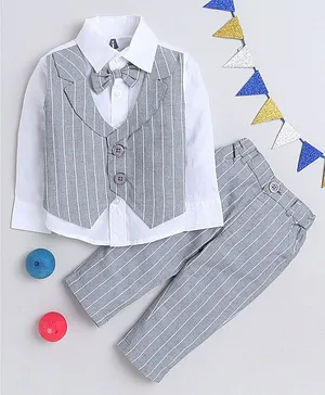 MANET Full Sleeves Pencil Striped Coordinating Shirt With Attached Waistcoat & Pant - White & Grey