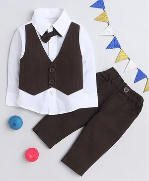 MANET Full Sleeves Pencil Striped Coordinating Shirt With Attached Waistcoat & Pant - Brown